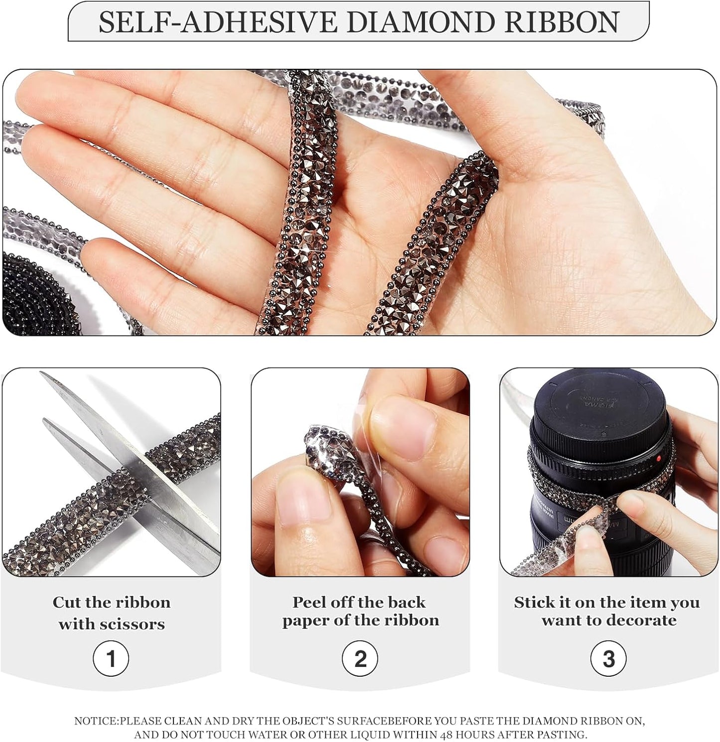 Rhinestone Ribbon 3 Yards Self Adhesive Rhinestone Strips Diamond Ribbon Sticker Crystal Roll Glitter Bling Rhinestones Tape for Crafting DIY Art Decoration (0.4 Inch)