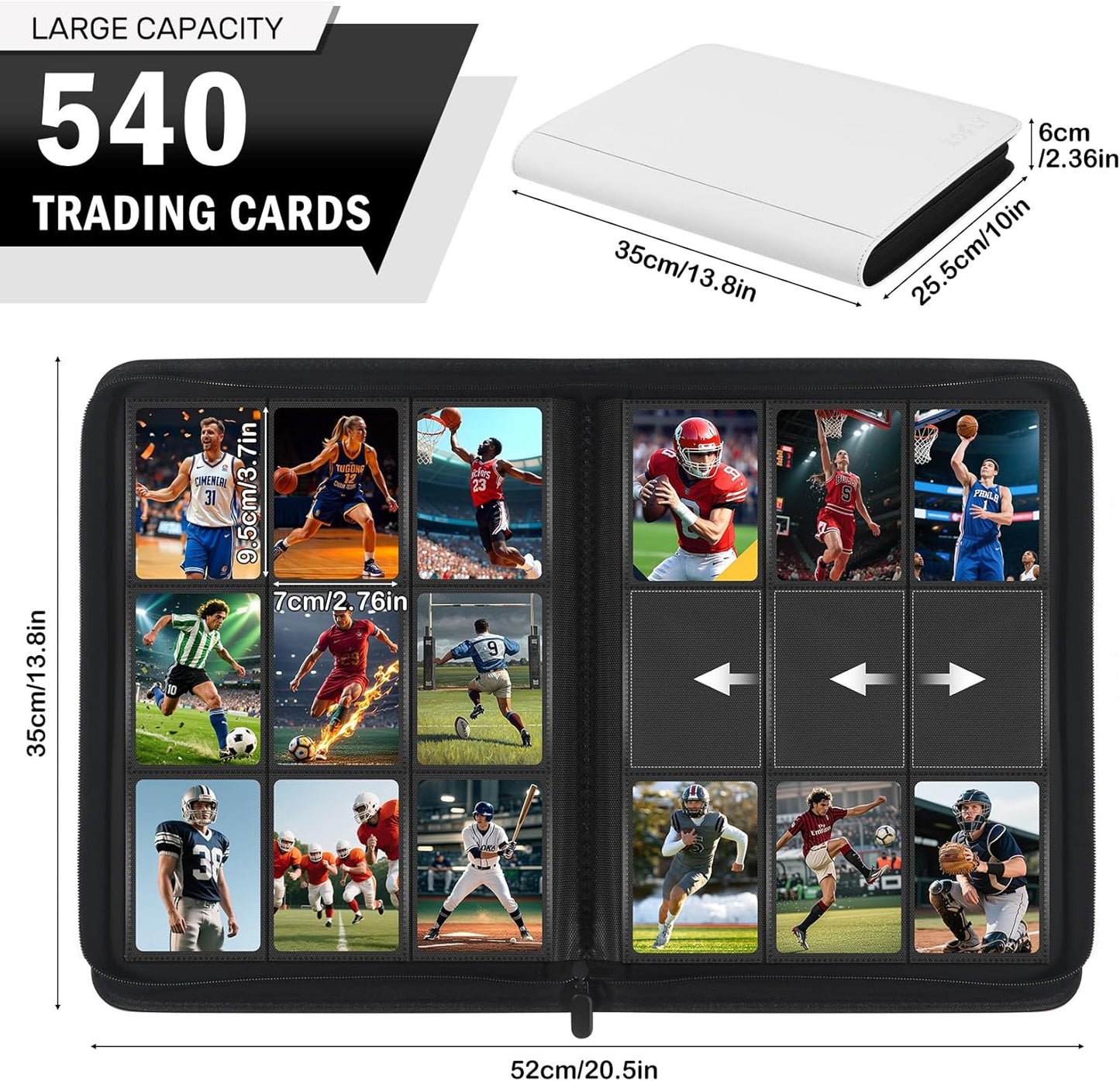 Trading Card Binder 9 Pocket, Zipper Binder Card Album Holds 540 Cards, 30 Pack Acid-Free Pages with Side Loading, Premium Leather Cover Card Folder for TCG/MTG/Sports Cards Collection, White