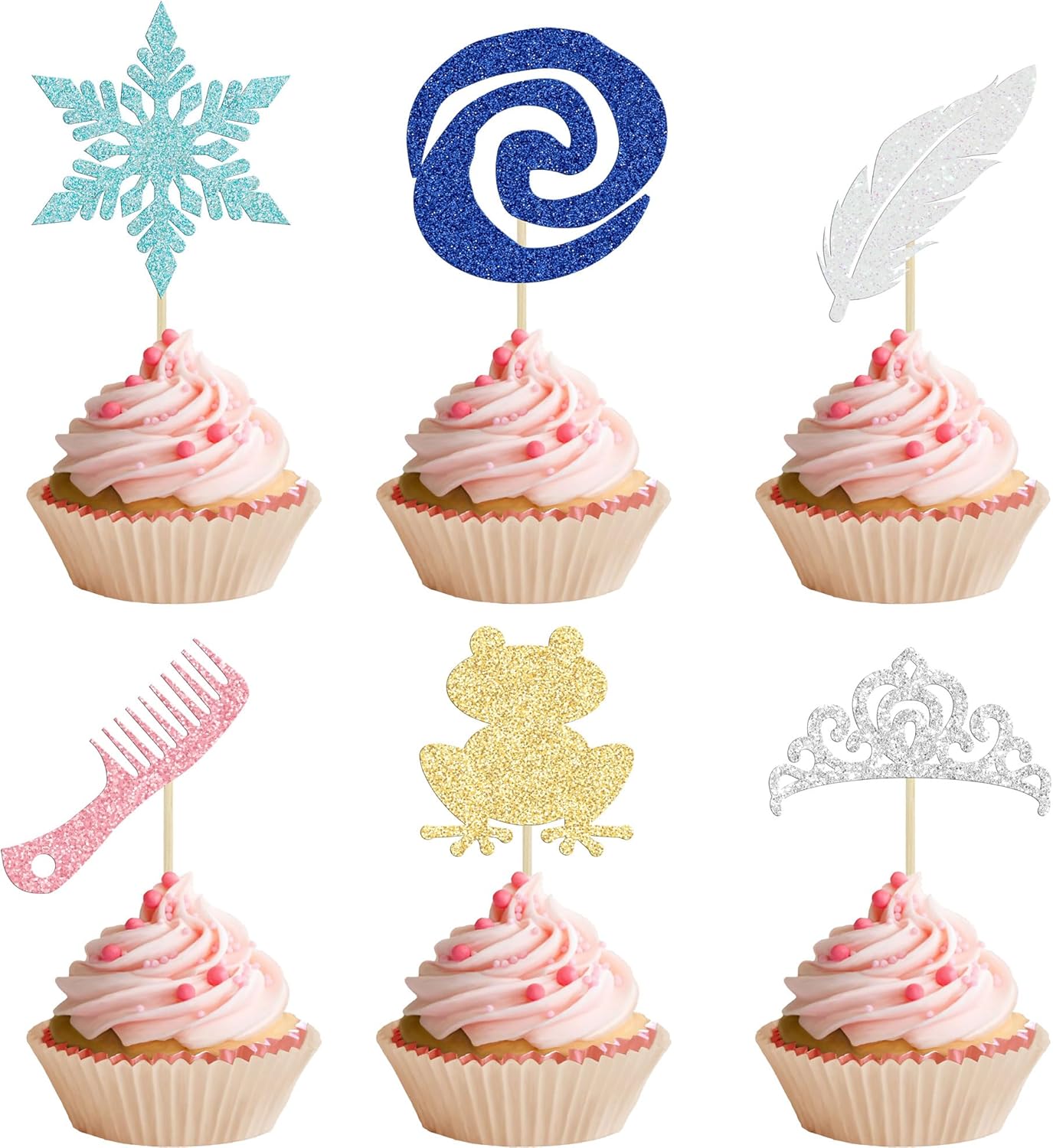 Gyufise 24Pcs Princess Symbol Cupcake Toppers Crown Frog Feather Comb Snowflake Cupcake Pick Decorations for Princess Theme Baby Shower Kids Birthday Party Supplies