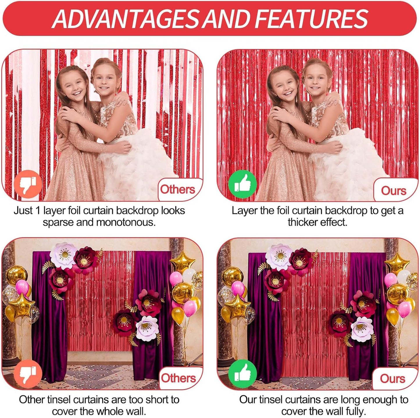 Crosize 2 Pack 3.3 x 9.9 ft Red Foil Fringe Curtains Party Decorations, Red Tinsel Curtain Backdrop for Parties, Door Streamers, Glitter Streamer Fringe Backdrop for Birthday Decoration