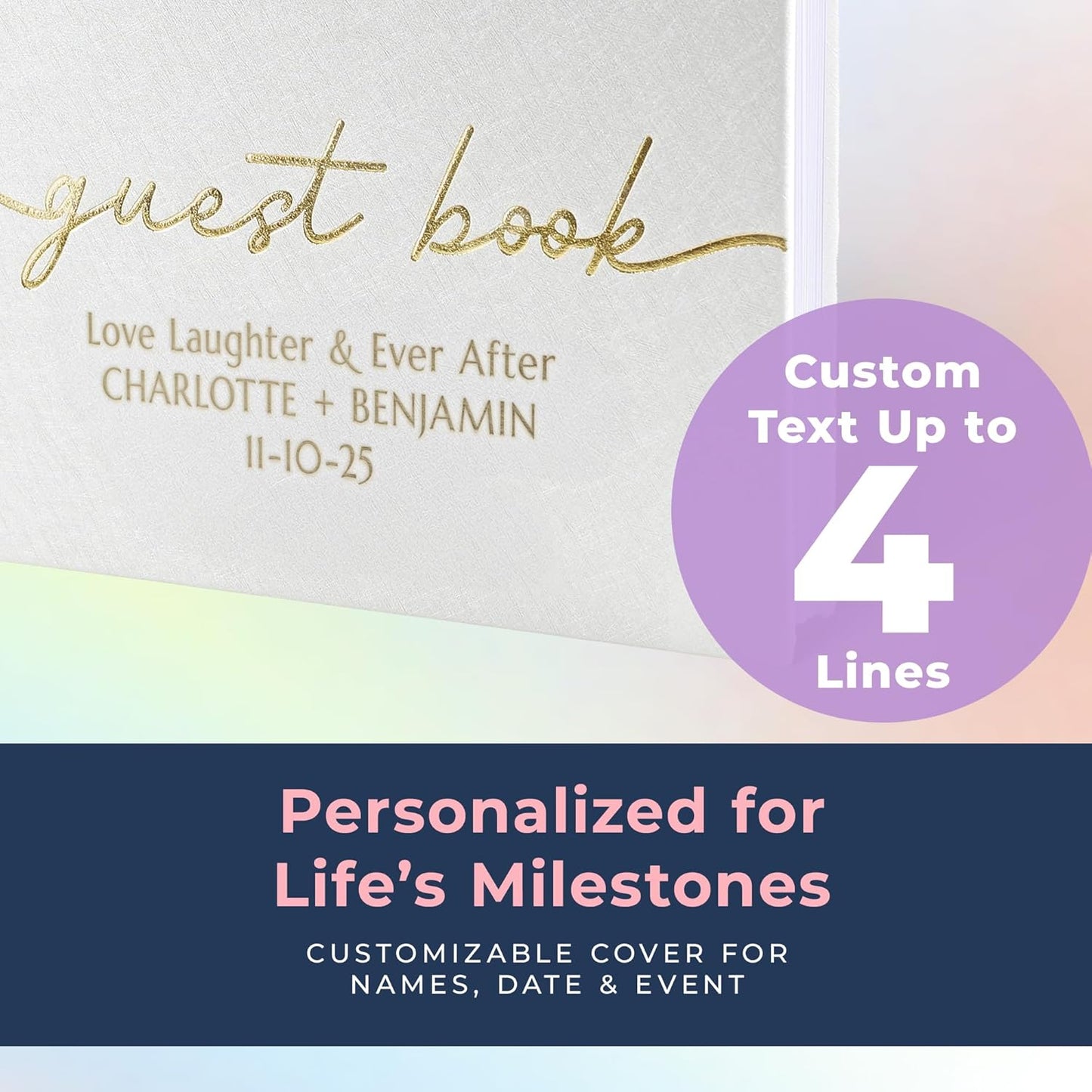 Promot Personalized Guestbook for Party (White) - 110 Lined Pages in Wood-Free Vegan Leather Hard Cover - Wedding Guest Book Sign in and Photos, Baby Shower, Birthday or Graduation