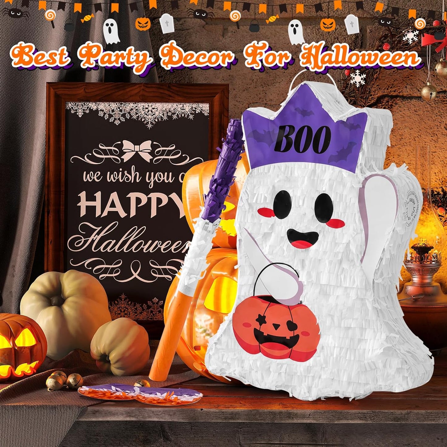 VINTS Halloween Piñata,Cute Ghost Piñata with Blindfold Stick,Pinata for Kids Birthday Party,Trick or Treat Game,Halloween Theme Parties Decorations(16.54×12.20×3.15 in)