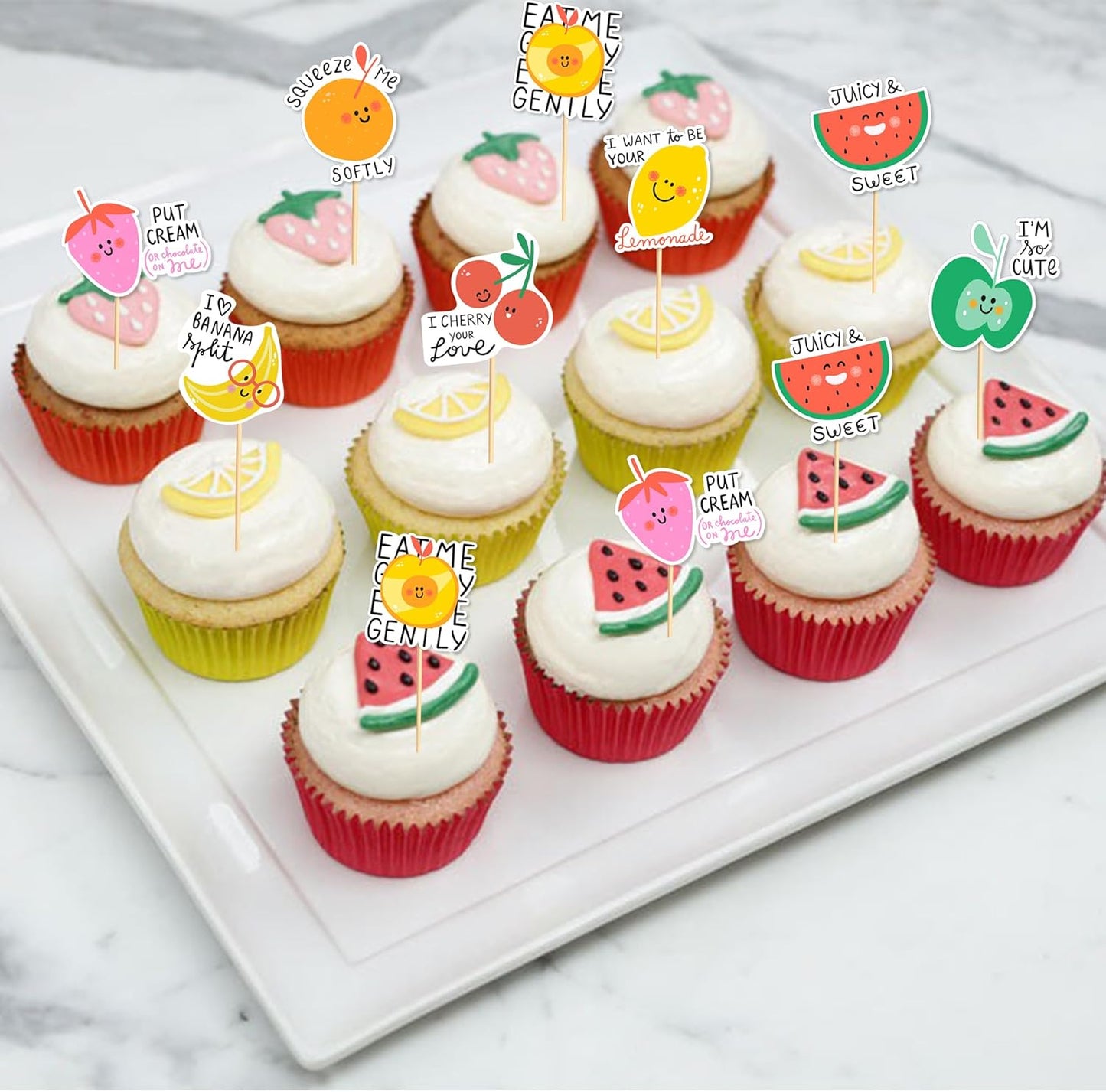 24pcs Tutti Fruity Fruit Cupcake Toppers - Tropical Summers Kids Happy Birthday Cake Toppers - Watermelon, Lemon, Strawberry, Cherry Cake Decorations for Baby Shower Party Decorations