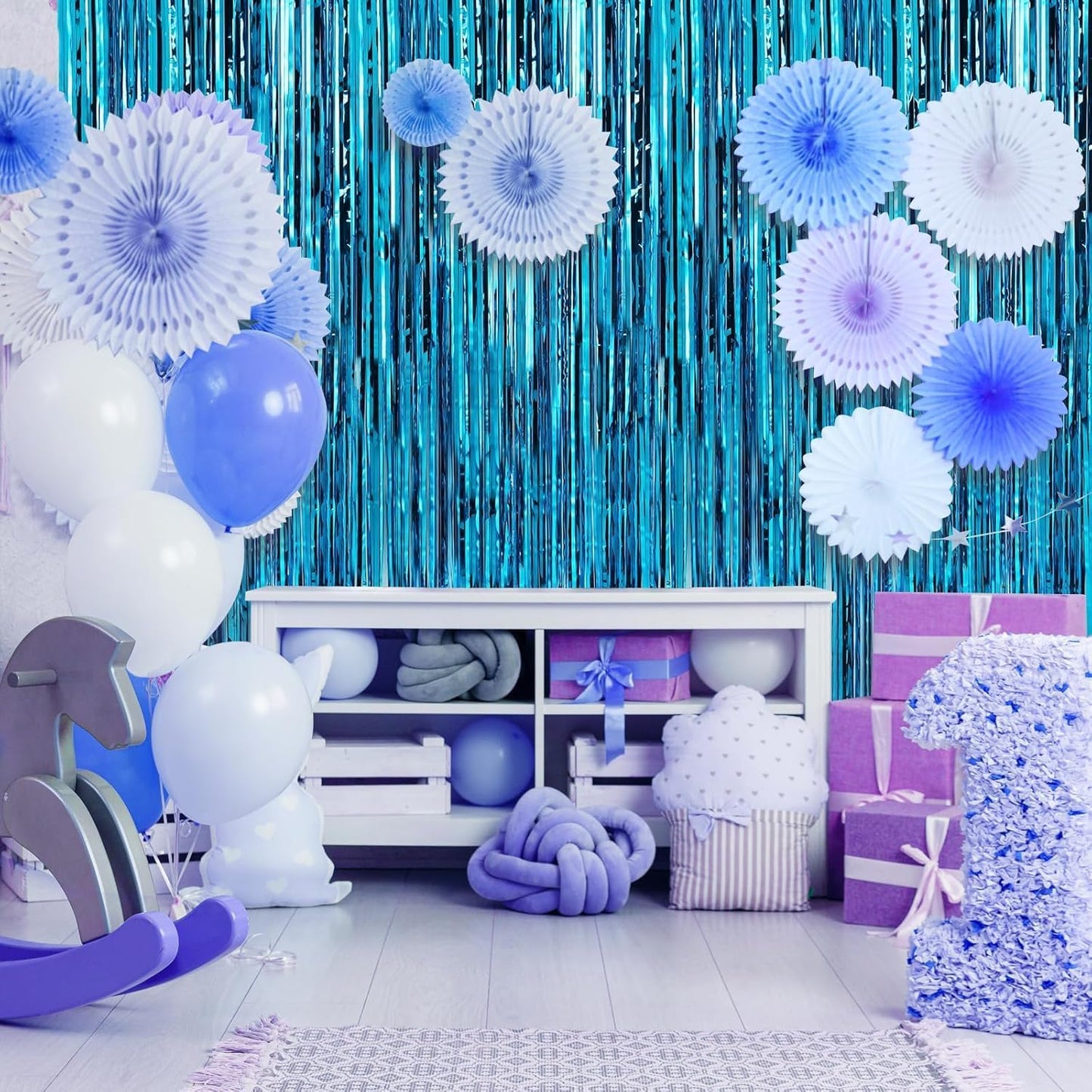 2 Pack Baby Blue Foil Fringe Curtains Door Streamers Party Decorations 3.3 x 8.2 ft, Tinsel Curtain Fringe Backdrop for Parties, Door Fringe Birthday Streamers, Photo Booth Backdrops, Party Decor