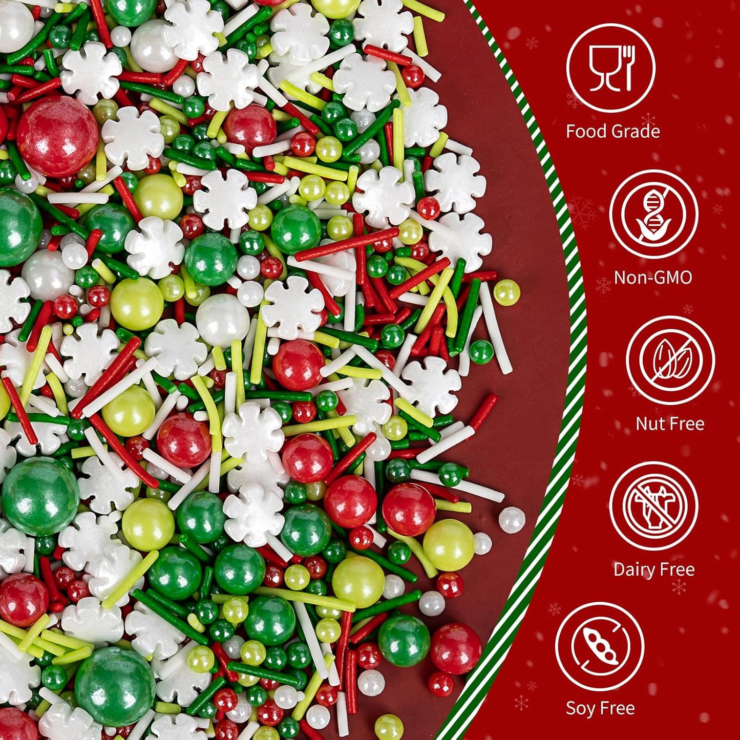 Christmas Snowy Night Sprinkles for Cake Decorating,130g White Snowflake and Red White Green Pearls and Jimmies Mix,Edible Sugar Holiday sprinkle for Cupcake Toppers, Cookie, Ice Cream Decorations Christmas Party