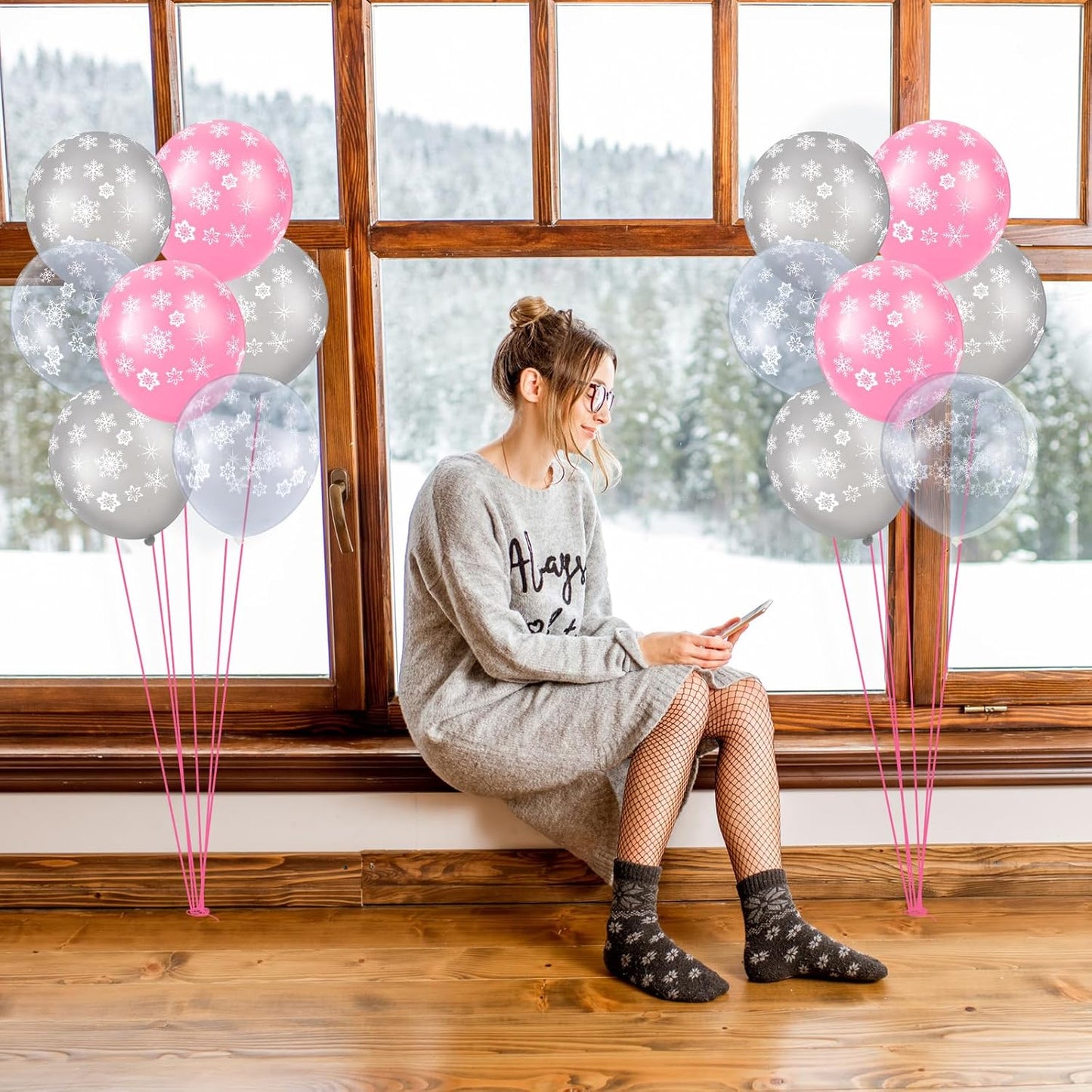 Skylety 40 Pieces Snowflake Balloons Bulk Winter Transparent Snowflake Latex Balloons for Christmas Birthday Wedding Party Decorations(Pink, Silver, Clear)