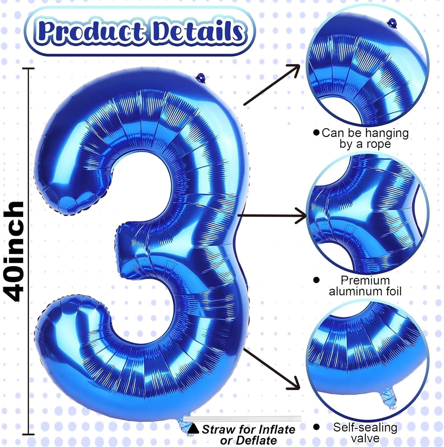 Navy Blue 40 Inch Numbers Balloons 3, Large Self Inflating Dark Royal Blue Digit 3 Helium Balloons for 3rd Birthday Girls Boys, Foil Number 3 Balloons for Men Birthday Anniversary Decorations