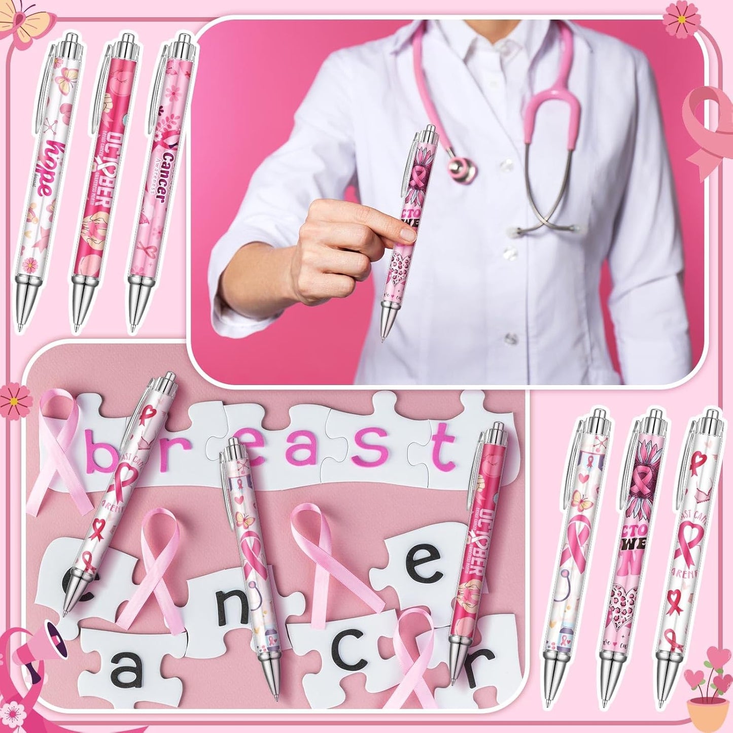 24 Pcs Breast Cancer Awareness Gift Pen Pink Ribbon Black Ink Ballpoint Writing Pen Breast Cancer Awareness Party Favors Pink Ribbon Party Supplies Accessories Item Bulk Gift for Women Nurse
