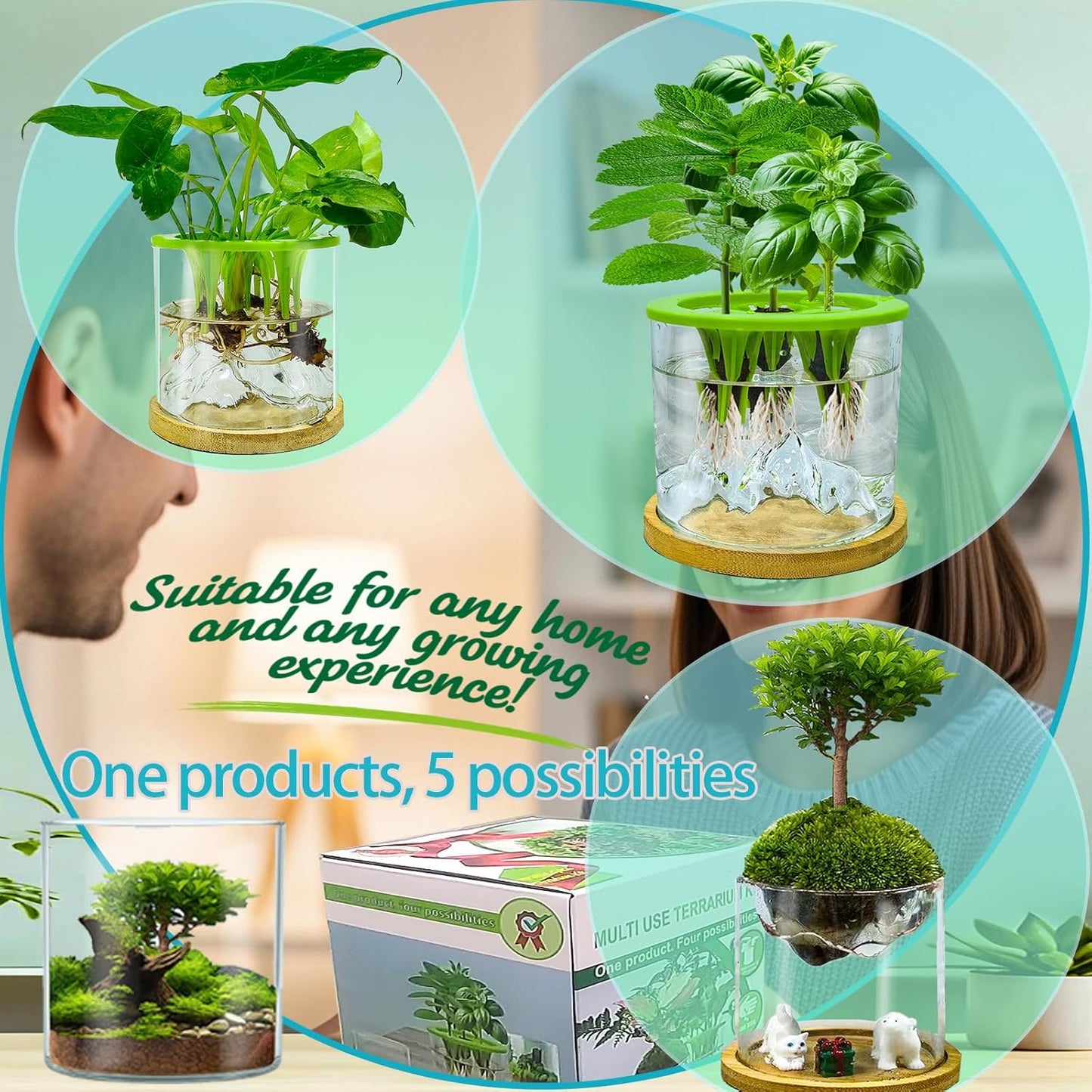Versatile Plant Propagation Station Vase Hydroponic Planter Pot,Glass Plant Terrarium Kit,Fresh Indoor Herb Garden Kit| Christmas Birthday Gift for Gardener Women Mom Garden Lover | Home Office Decor