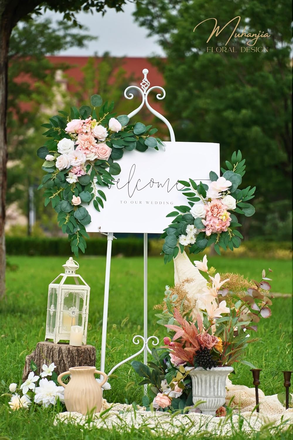 Wedding Sign Faux Flower Swag (Pack of 2) for Ceremony Party Reception Entrance Floral Decor Wall Easel Stand for Wedding Poster Welcome Sign (Pink)