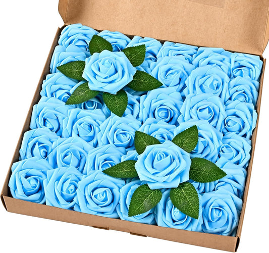 BLEUM CADE 36Pcs Artificial Flowers Fake Roses with Stems, Sky Blue Boxed Foam Roses for DIY Bouquets Centerpieces Wedding Party Arrangement Bridal Shower Decor