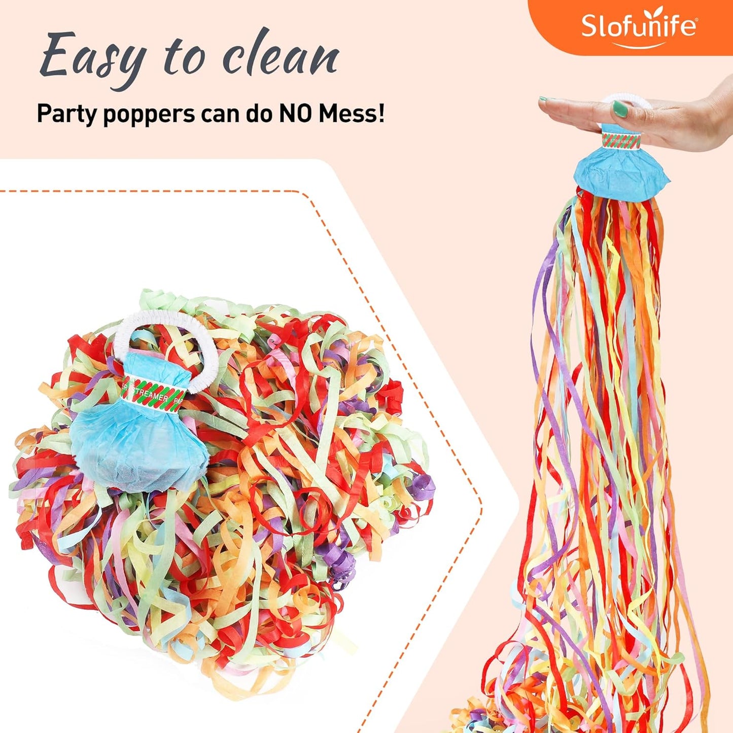 No Mess Streamers 50pack, Colorful Confetti Poppers,Hand Throw Party Poppers No Mess for Birthday, Graduation, Wedding Send Off, Engagement Party Favors（Colorful 50Pack）