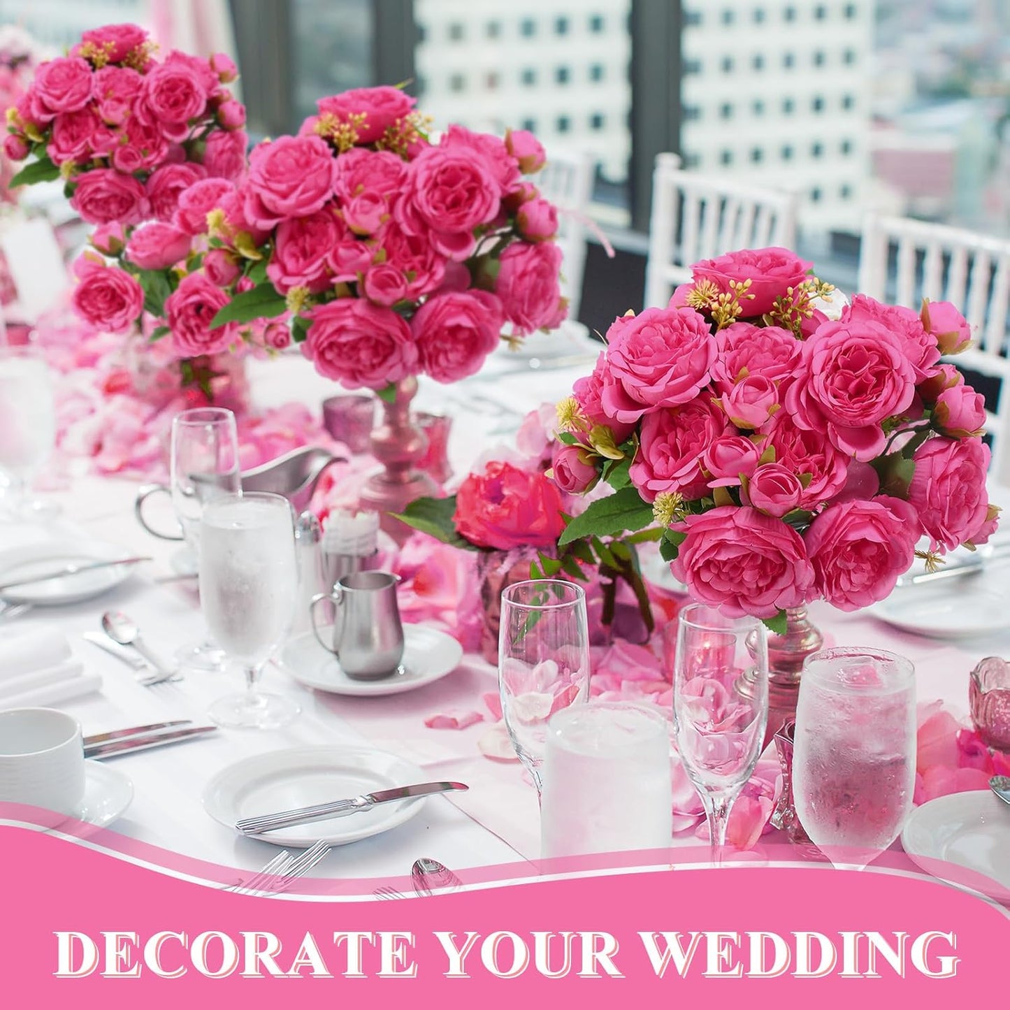 8 Bundles Artificial Peonies Flowers Boho Faux Flowers Arrangements Artificial Centerpiece Spring Bouquet Floral Wedding Decoration for Vase (Hot Pink)