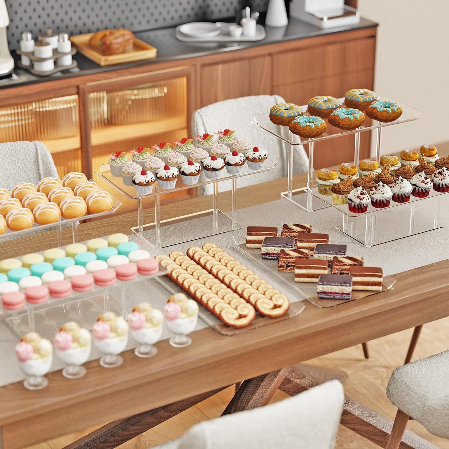 6 Pack Dessert Table Display Set, Clear Acrylic Dessert Display Stands with 3 Pack Dessert Tray Platters Buffet Risers for Pastry Food Fruit Candy Treat for Wedding Birthday Party