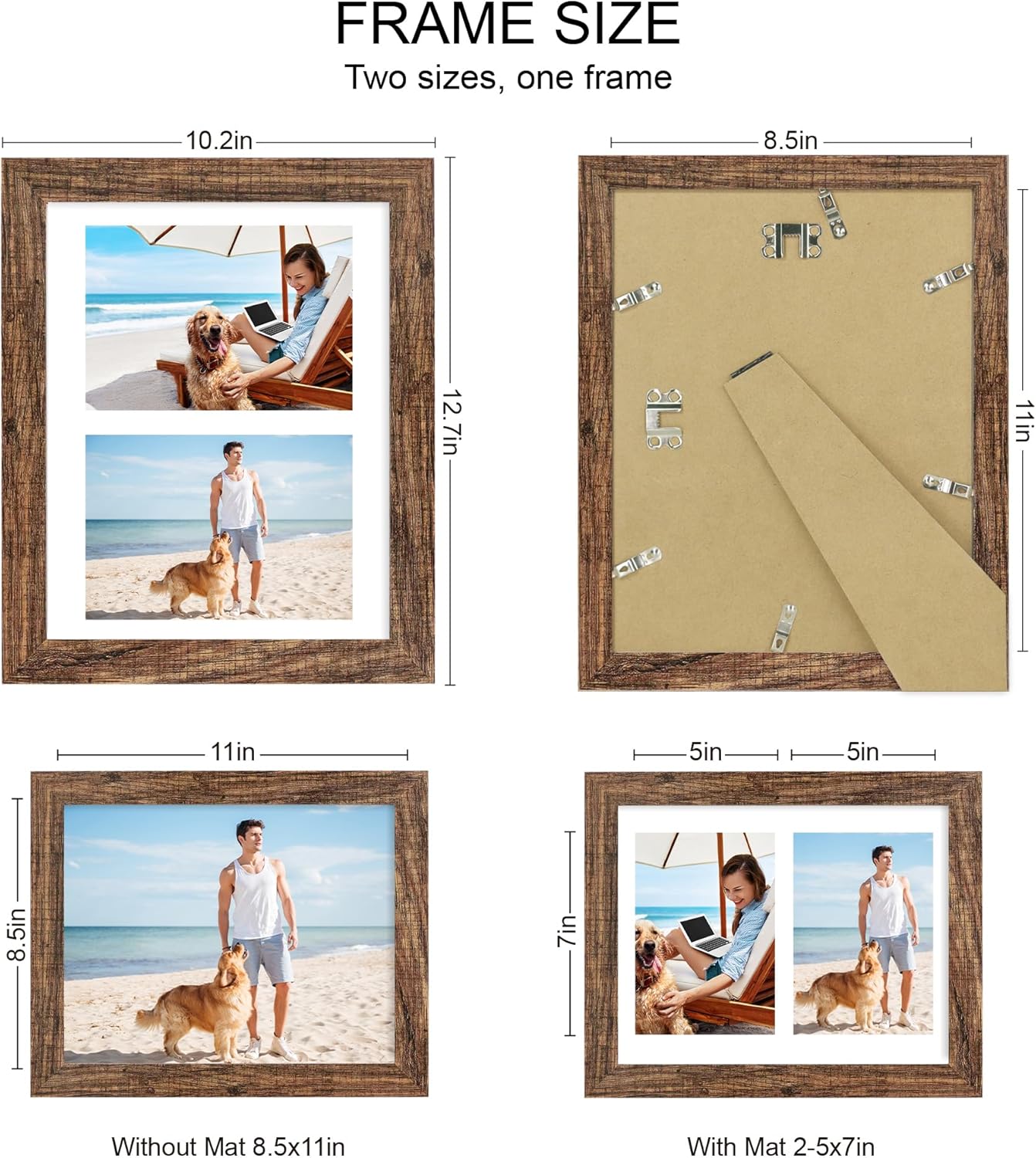 8.5x11 Picture Frame Set of 2, Rustic Brown Certificate Document Frames with Glass Collage Frame, Display Pictures Two 5x7 With Mat or 8.5 x 11 Without Mat for Wall Hanging or Tabletop