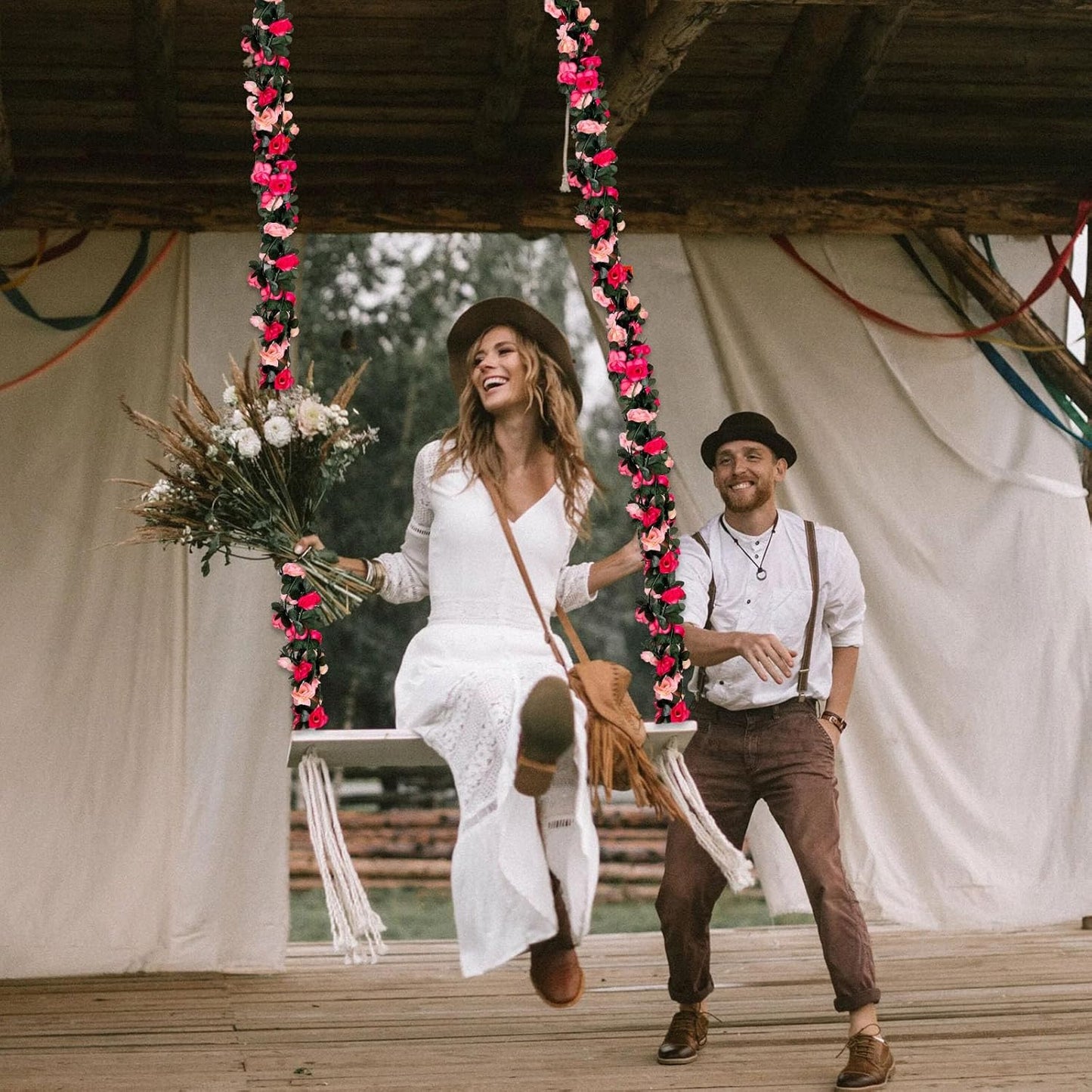 8Pcs 63Ft Pink Rose Garland, Fake Rose Hanging Flowers, Artificial Flower Vine, Hanging Floral Vine Garland for Wedding, Birthday Party, Wall Arch, Halloween, Christmas Garden Backdrop Decor