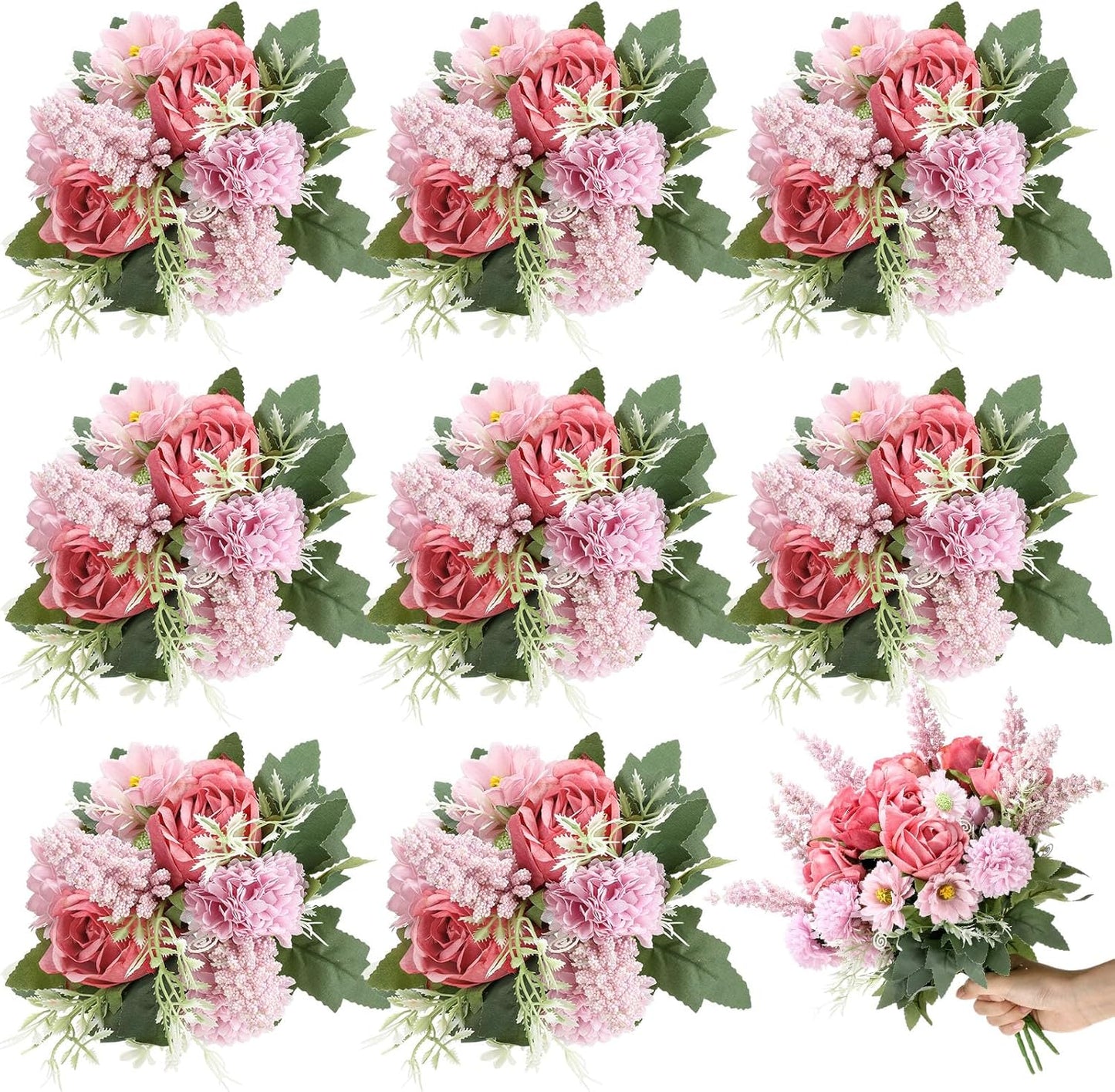 Zeyune 8 Pcs Wedding Silk Flowers Fake Silk Flowers Faux Bouquet Hydrangea Bouquets for Wedding Birthday Party Table Centerpieces Home Decoration (Bean Paste Pink,Rose)