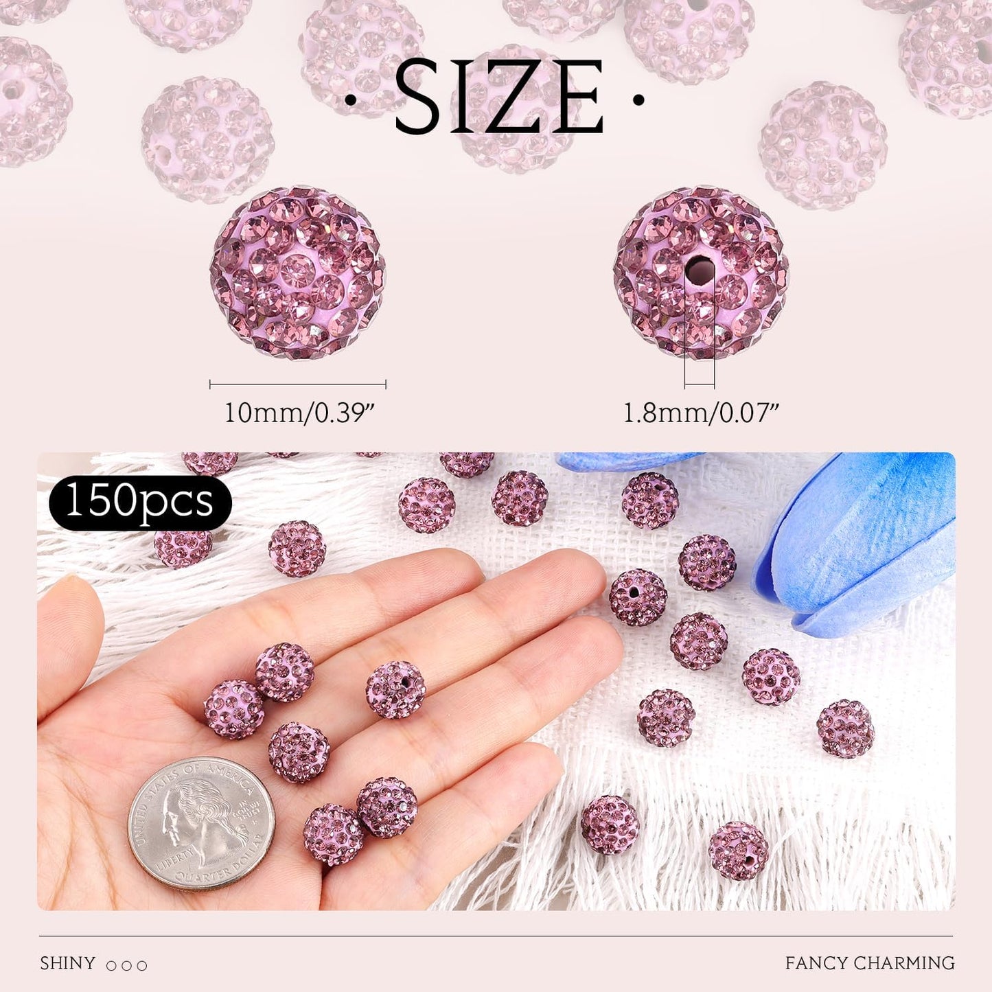 150pcs 10mm Rhinestone Beads for Jewelry Making, Light Purple Shiny Round Shamballa Disco Beads Bulk, Sparkle Crystal Clay Christmas for Bracelet Baseball Necklace Earring Crafting and DIY