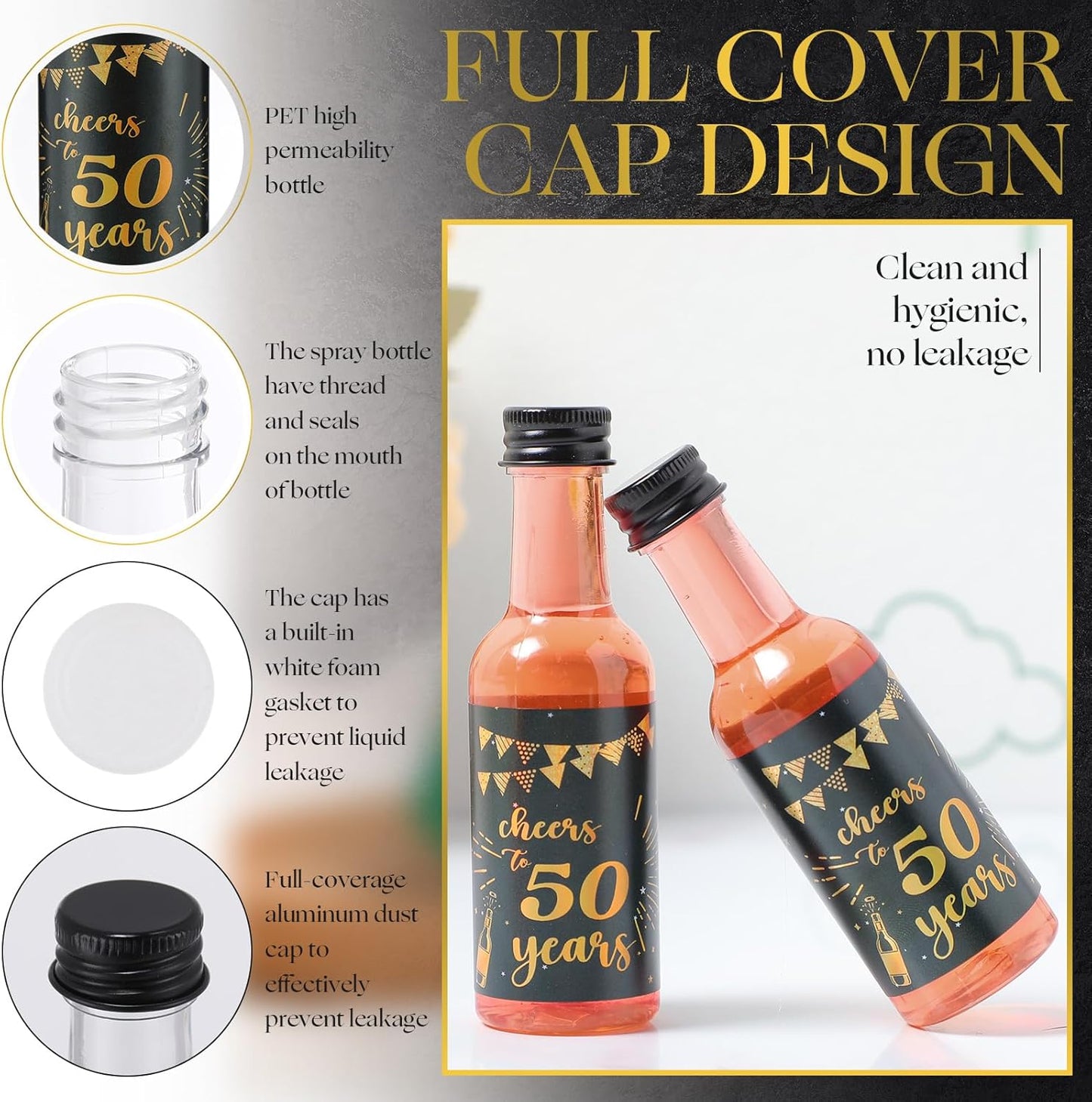 Vesici 50 Pack Mini Liquor Bottles 1.7oz Shot Mini Wine and Champagne Bottle Birthday Sticker with 2 Funnels Birthday Party Favor for Adult Guest Women Men Anniversary Celebration(Cheers to 50 Years)