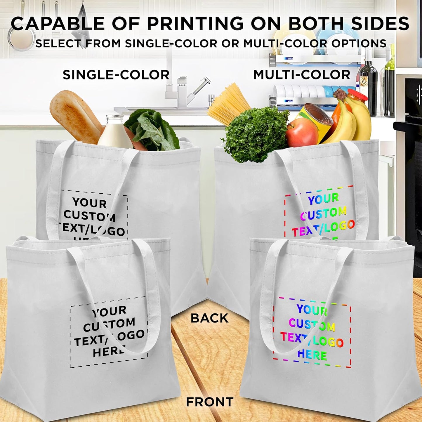 DISCOUNT PROMOS Custom Southern Style Grocery Tote Bags Set of 50 - Personalized Bulk Pack, Reusable Grocery & Shopping Bags - Great for Travel, Carry on Bag, Business Promotions - White - 20"X13"X8"