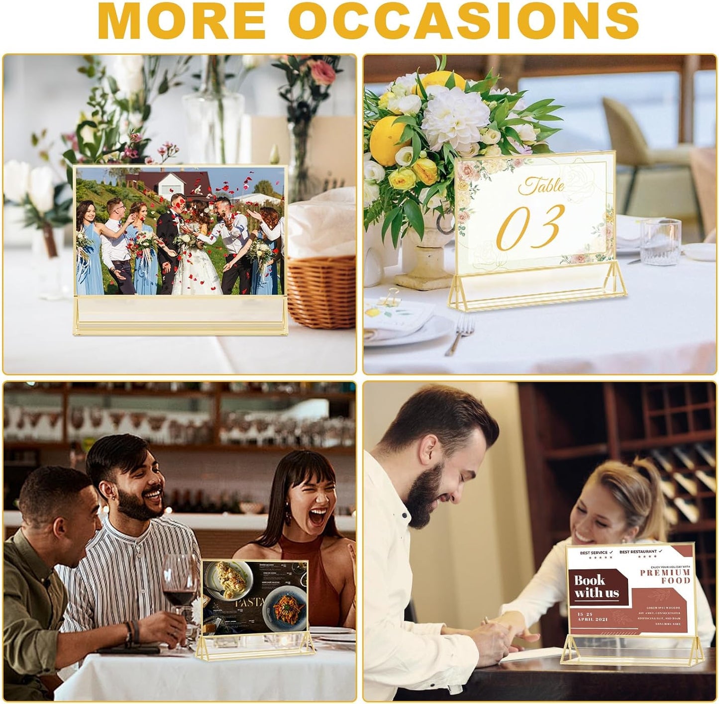 EHWINE 4 Pack Acrylic Sign Holder 8.5 x 11 Horizontal, Double-Sided Stand up Table Top Sign Holders, Gold Acrylic Picture Frame Menu Flyer Paper Holder Display Stand for Office Business Store Wedding Party