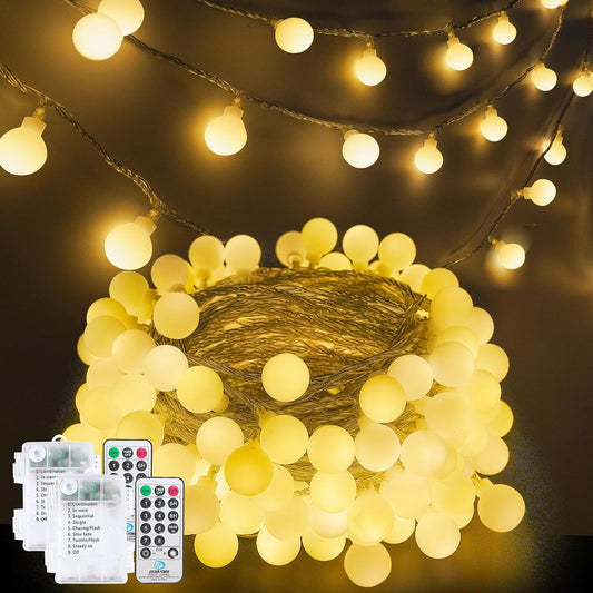 2 Pack Battery Operated String Lights - 52FT 120 LED Globe Fairy Lights with Remote, Waterproof Christmas Light Indoor Outdoor 8 Modes with Timer for Bedroom Classroom Dorm Christmas Decor, Warm White