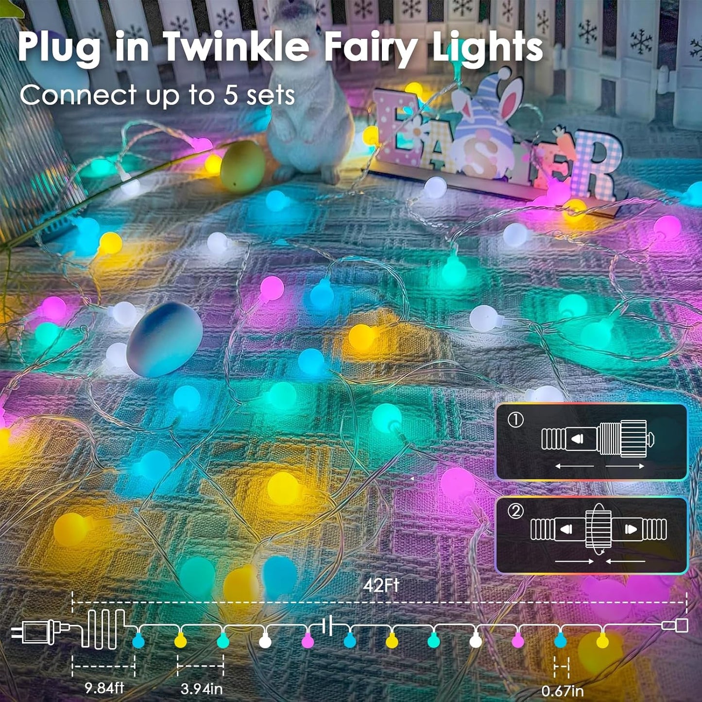 Connectable 100LED Easter String Lights Outdoor Indoor, 43ft Pastel Lights with Timer, 13 Modes Plug in Multicolor Globe Light, Waterproof Twinkle Fairy Light for Easter Decorations Bedroom Decor