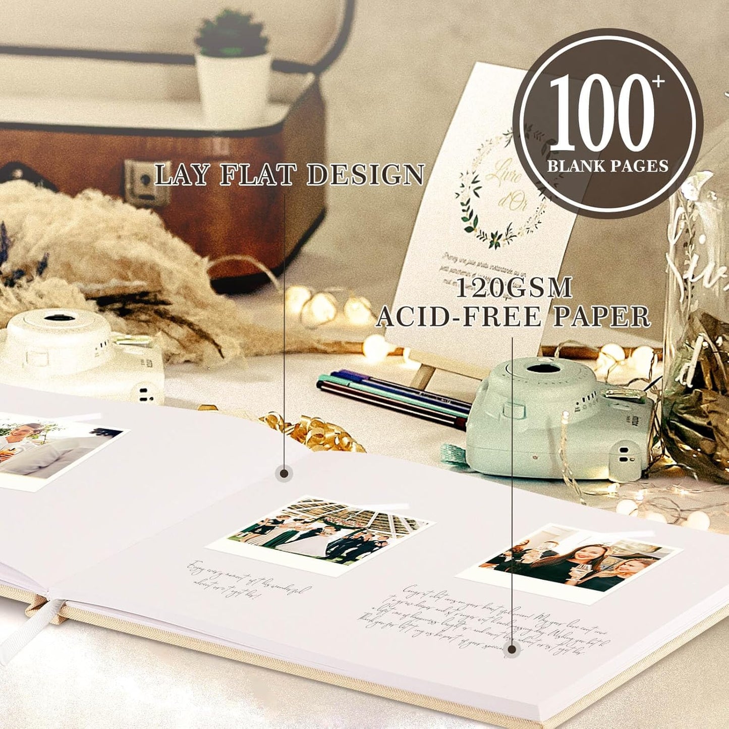 Lanpn Wedding Guest Book 2025 - Linen Hardcover Polaroid Guestbook Wedding Reception with 108 Blank Pages for Sign in and Photos - Guest Book for Wedding Bridal Shower Baby Shower Party (Blue)