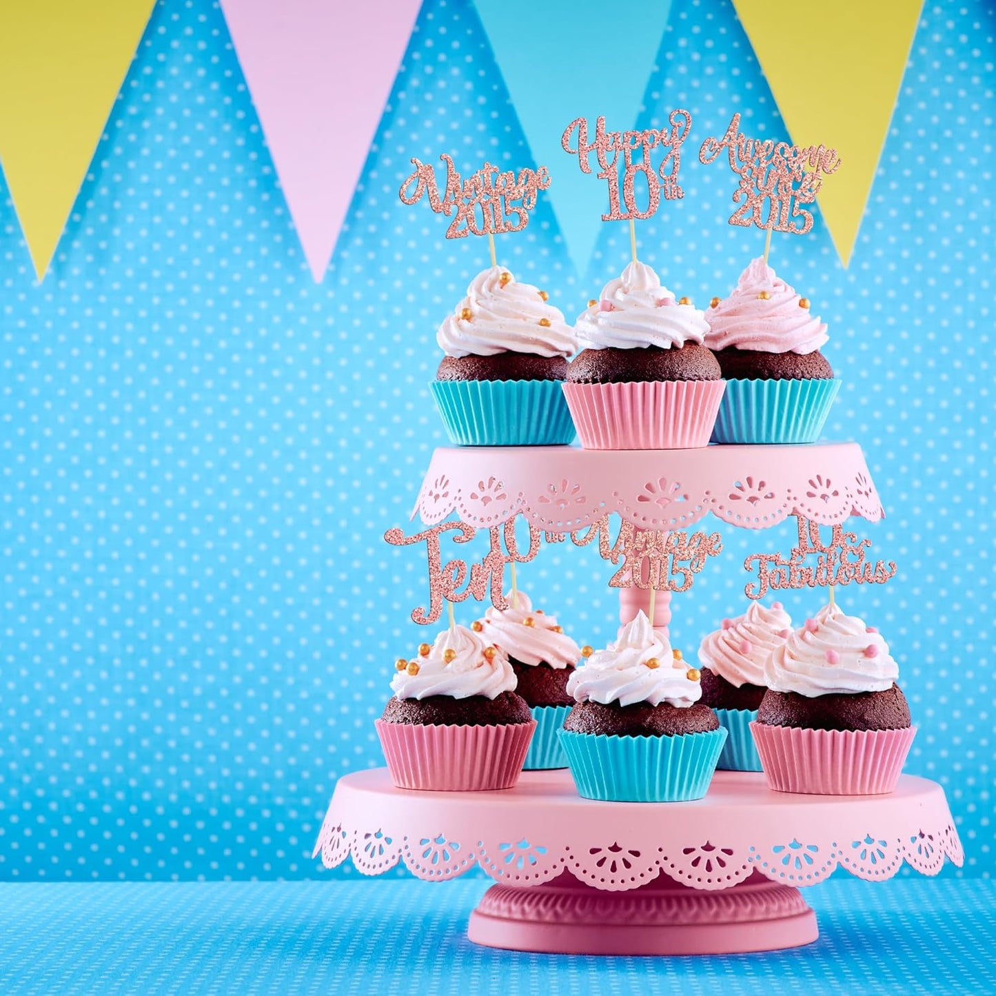 30Pcs Vintage 2015 Cupcake Toppers Glitter Ten 10 Fabulous Happy 10th Birthday Cupcake Picks Cheers to 10 Years for 10th Birthday Anniversary Party Cake Decorations Supplies Rose Gold