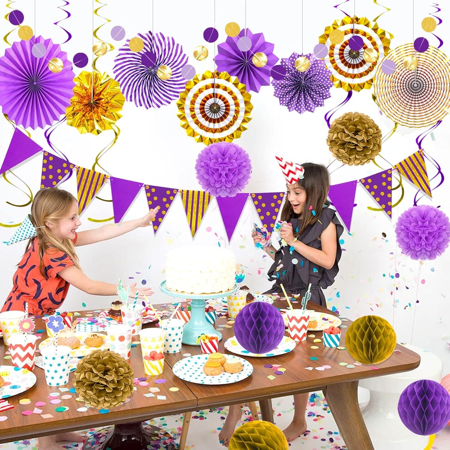 Purple Gold Party Decorations Paper Fans, Graduation Season Hanging Glitter Triangle Flags Banner Hanging Paper Fan Happy Birthday Banners and Triangular Flag, Bridal Shower,Purple Themed Birthday