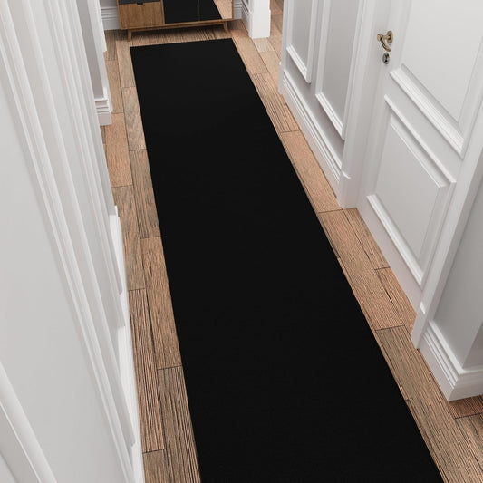 Ottomanson 3x20 Non Slip Extra Long Hallway Runner Rug with Rubber Backing - Solid Modern Kitchen Rug for Bedroom or Living Room, Black, 2'7" x 20'