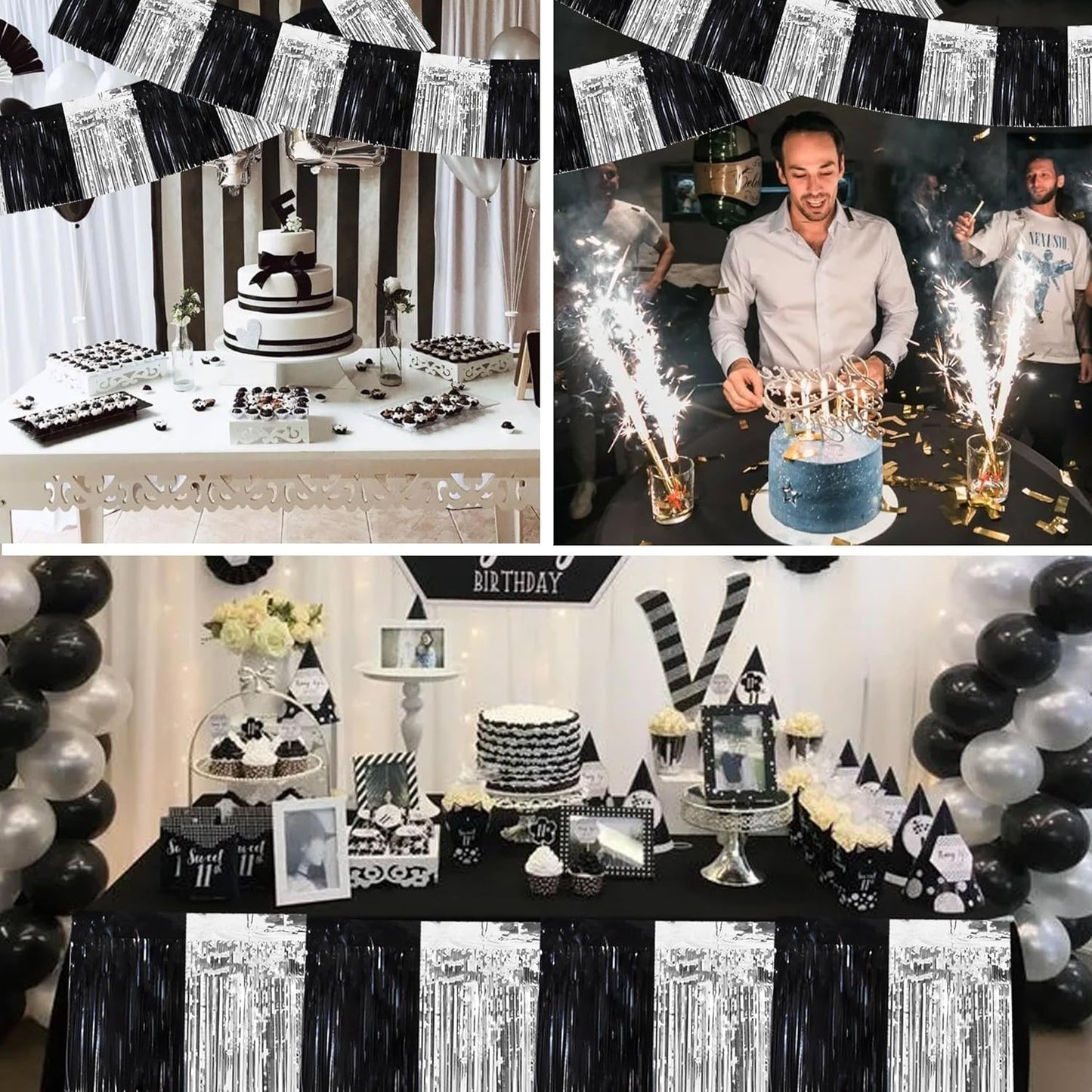 BEISHIDA 3 Packs Metallic Foil Fringe Garland Black Silver Wall Hanging Tinsel Fringe Banners for Car Floats Bridal Shower Wedding Birthday Easter Graduation Holiday Party Decoration(30 Feet)