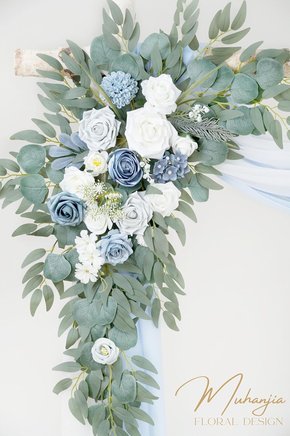 Artificial Arch Flowers Kit(Pack of 4),2Pcs Artificial Flower Arch Decor, 2Pcs Drapes, Ceremony and Reception Background Rose Decoration, Grayish Blue Floral Outdoor Party Decor