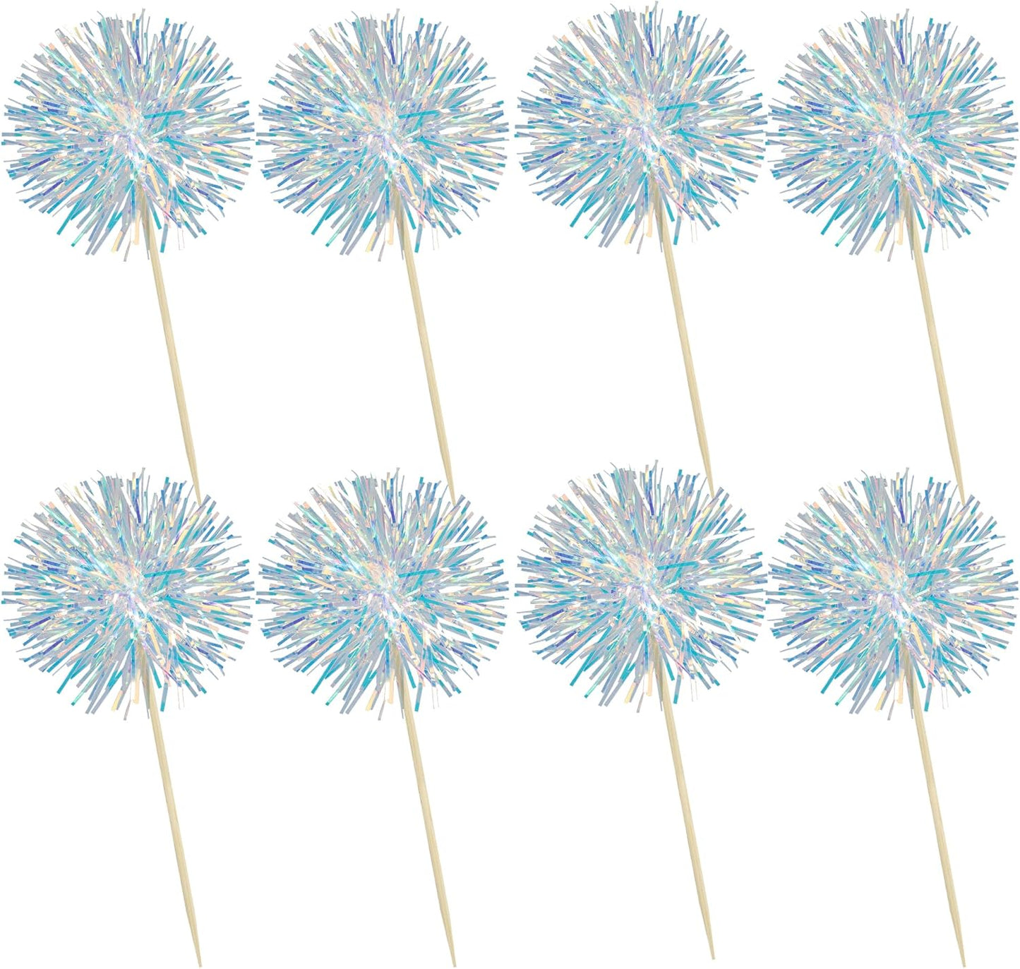 Ephlyn 30Pcs Foil Firework Cupcake Toppers Sparkle Tinsel Cupcake Picks Drink Stirrers Cocktail Food Fruit Toothpicks for Baby Shower Graduation Party Supplies White