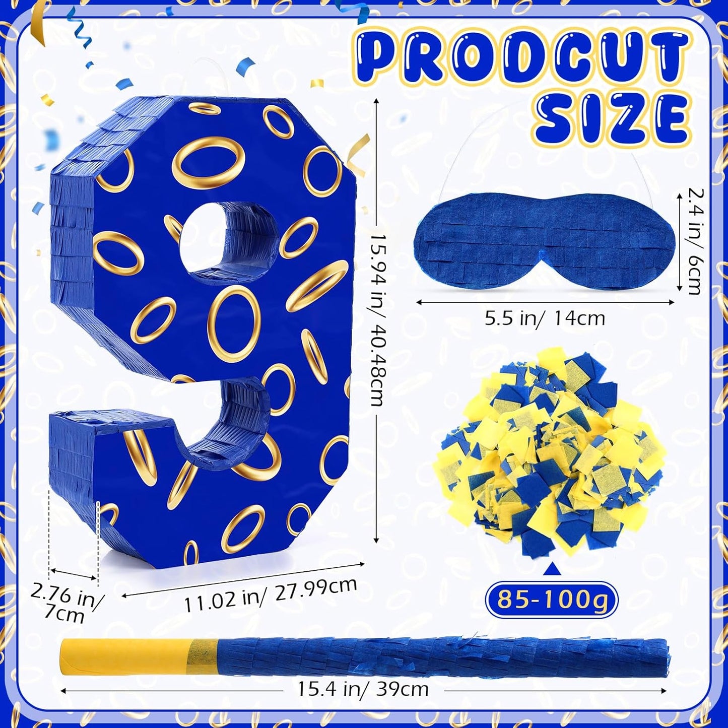 Number 9 Blue and Golden Rings Piñata for Kids Birthday Cartoon Theme Small Piñata with Blindfold Stick Confetti for Fiesta Cinco De Mayo Party Decor, 15.8 x 11 x 2.8 Inch