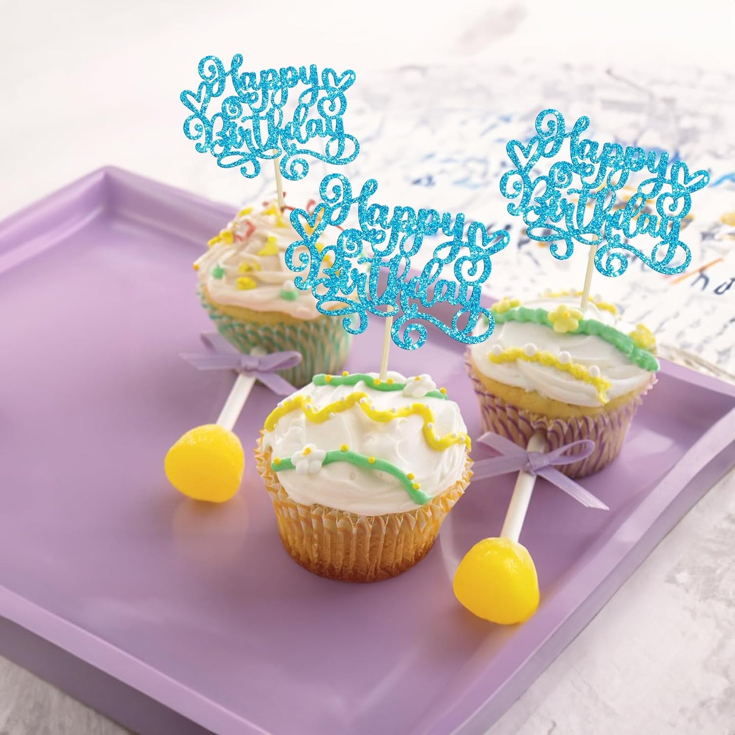 Gyufise 24Pcs Happy Birthday Cupcake Toppers Glitter Happy Birthday Cupcake Picks for Celebrating Happy Birthday Anniversary Theme Party Cake Decorations Supplies Blue