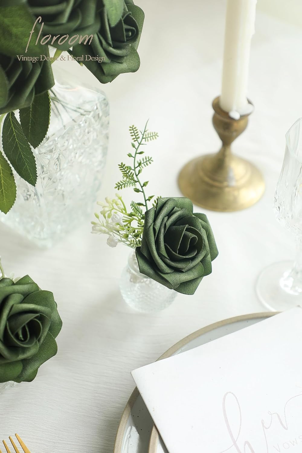 Floroom Artificial Flowers 50pcs Real Looking Emerald Green Foam Fake Roses with Stems for DIY Wedding Bouquets Bridal Shower Centerpieces Floral Arrangements Party Tables Home Decorations