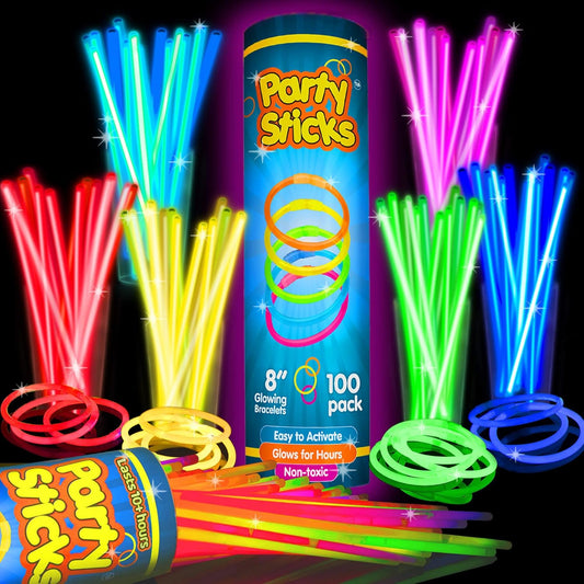 PartySticks Ultra Bright Glow Sticks Bulk Party Supplies 100 Pack - 8" Glow in the Dark Light Up Halloween Party Favors, Glow Decorations, Neon Party Necklaces and Bracelets with Connectors