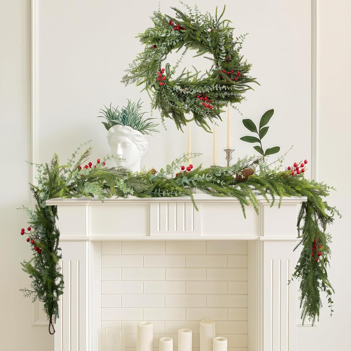 9FT Christmas Garland Norfolk Pine Tree Artificial Cedar Eucalyptus Greenery, Realistic Pine Garland for Mantel Fireplace Stair Rail Doorway Table Centerpiece, Indoor Outdoor Winter Decor