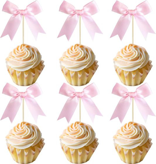Gyufise 24Pcs Bow Cupcake Toppers Coquette Bow Girls Birthday Cake Decorations Bowknot Cake Toppers Bowknot Cupcake Picks for Baby Shower Birthday Wedding Bridal Engagement Party Supplies Pink