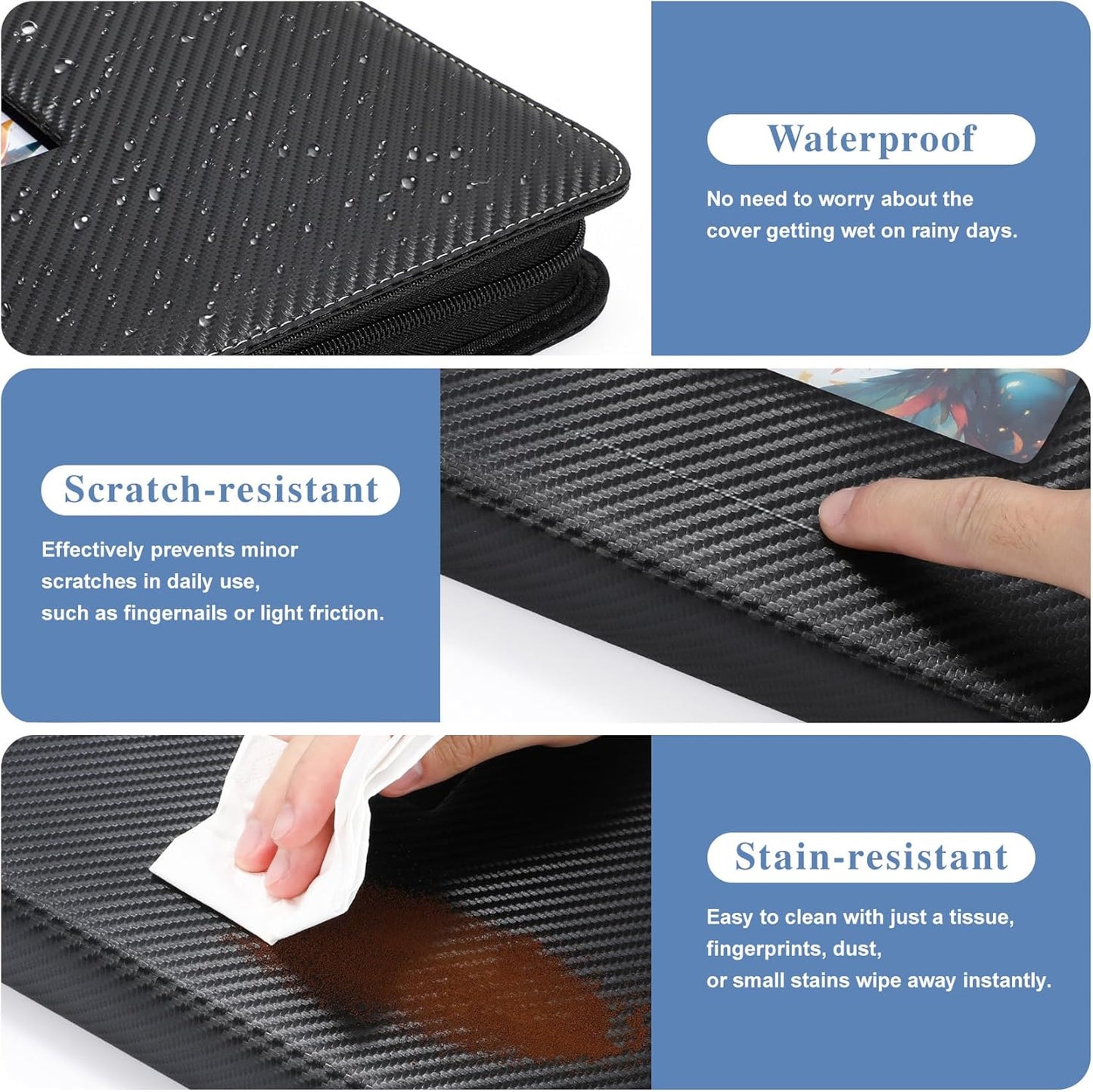 Trading Card Binder 4 Pocket with Display Window, 400 Cards Capacity Card Binder, Waterproof PU Leather Photocard Baseball Card Binder for MTG, TCG, Sports Cards, Black w/Clear Display Window