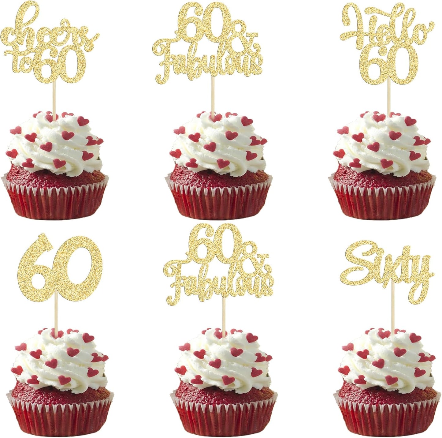 30Pcs Happy 60th Birthday Cupcake Toppers Gold Glitter Sixty Cake Toppers Cheers to 60 Years Old Birthday Cupcake Picks for 60th Birthday Anniversary Party Cake Decorations Supplies