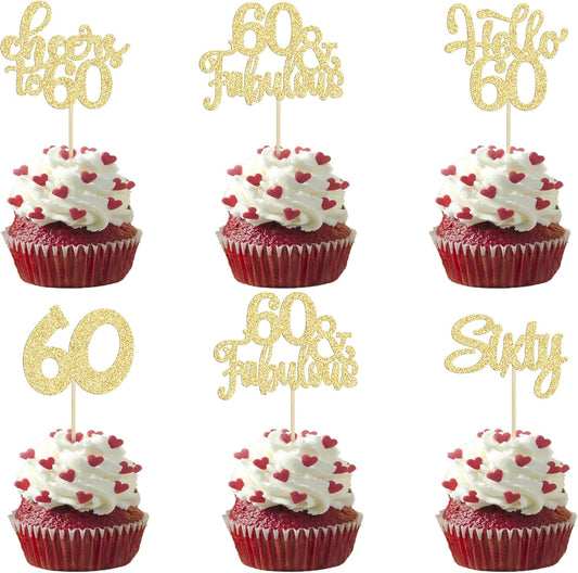 30Pcs Happy 60th Birthday Cupcake Toppers Gold Glitter Sixty Cake Toppers Cheers to 60 Years Old Birthday Cupcake Picks for 60th Birthday Anniversary Party Cake Decorations Supplies