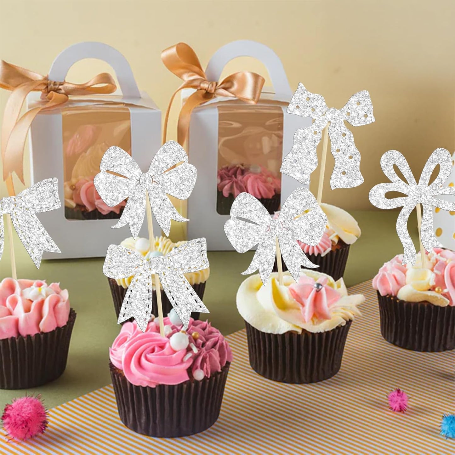 Ephlyn 24pcs Silver Bow Cupcake Toppers for Birthday, Baby Shower, Bridal Shower, Wedding, Bachelorette Party