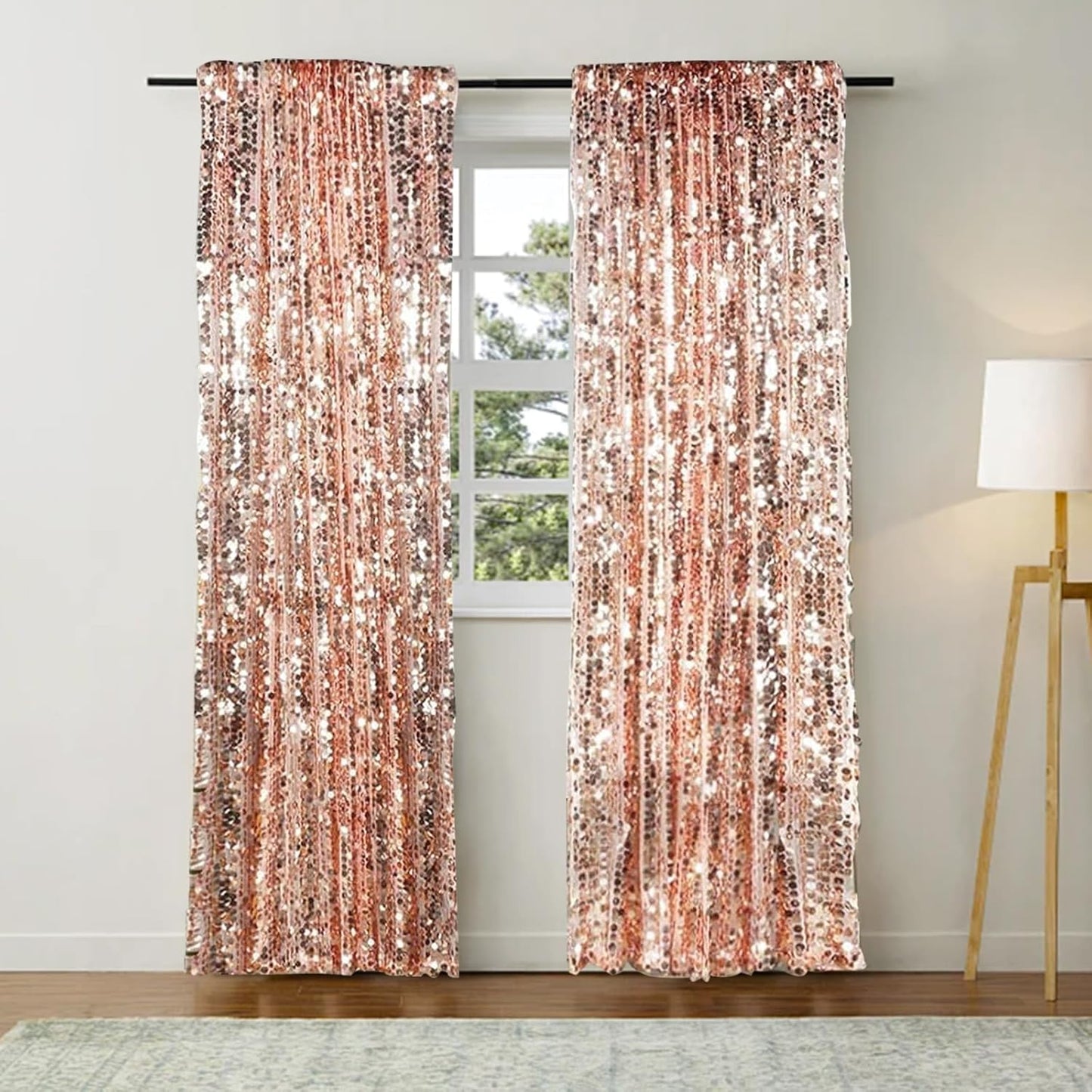 Big Sequin Rose Gold Drapes Curtains Panels Payette Sequin Backdrop Curtains Home Party Decoration Supplies 9FTx9FT for Thanksgiving Christmas Decor