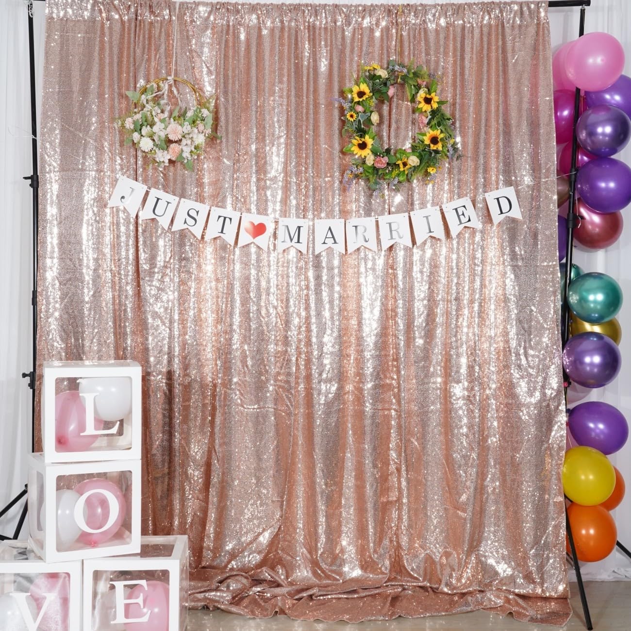 Poise3EHome 8Ft x 10Ft Rose Gold Sequin Backdrop, Glitter Thick Satin Sequin Background Drapes,Sequence Xmas Thanksgiving Backdrop for Wedding Party Holiday Festival Decor