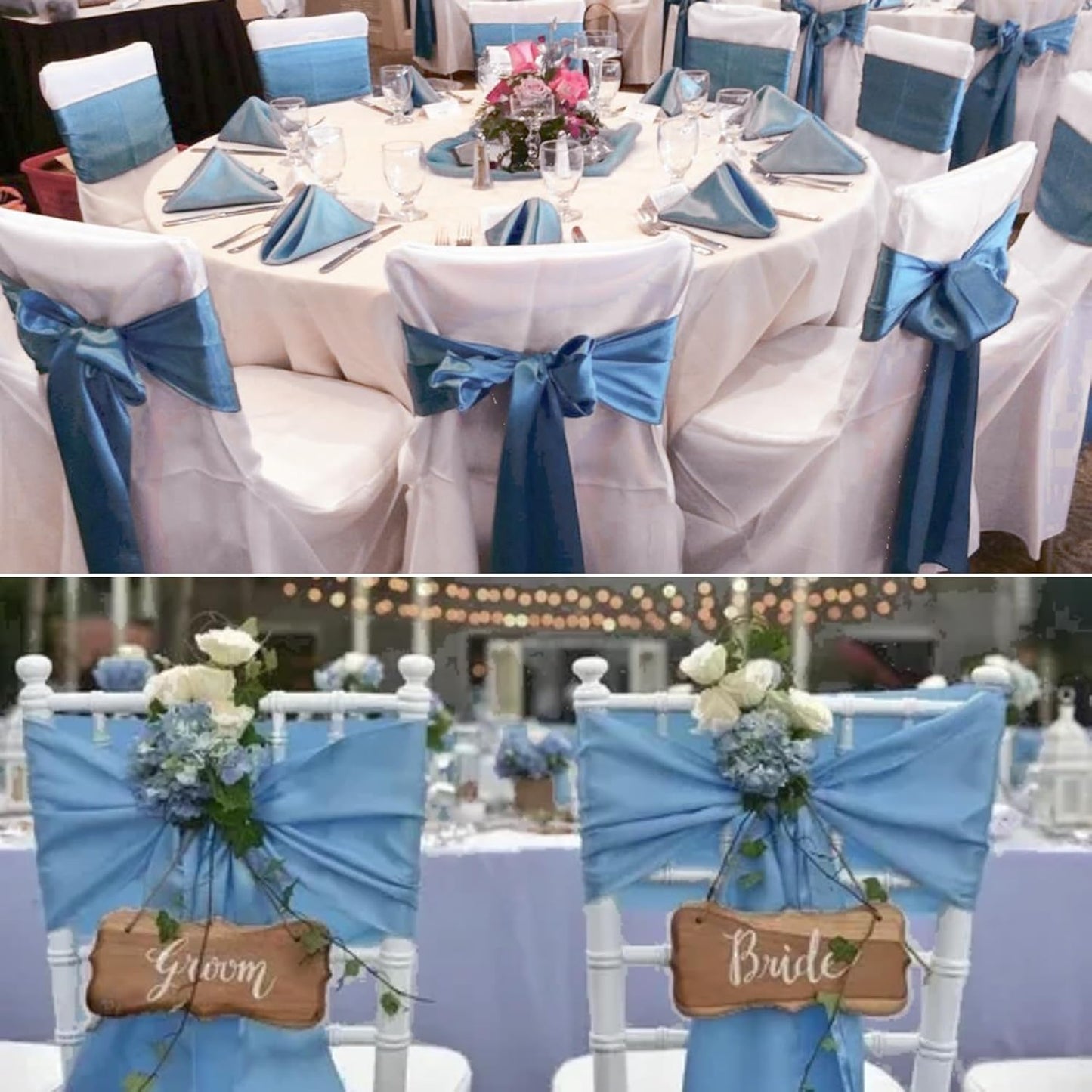 100 PCS Satin Chair Sashes Decorative Bow Chair Sashes Ties Back Ribbon Bows Seat Cover Band for Wedding Birthday Party Hotel Ceremony Reception Event Banquet Home Kitchen Decor(7x108inch,Dusty Blue)