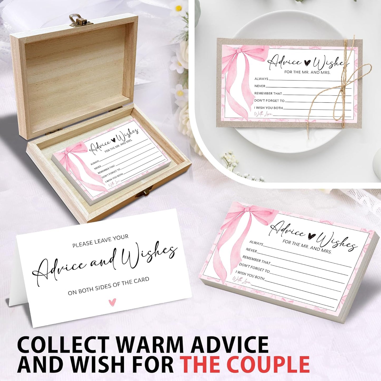 Pink Bow Advice and Wishes for the Mr and Mrs - 50 Packs Wedding Advice Cards Bridal Shower Game Cards with Box Reception Guest Book for Bride Groom Newlywed Engagement Party Decoration -A06
