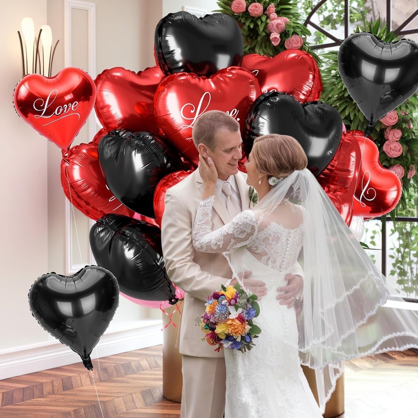 12 Pcs Heart Balloons, 18 inch Valentine's Day Balloons, Red Black Heart Foil Helium Balloon, Love Printed Foil Balloon for Valentine's Day Wedding Baby Shower Anniversary Party Decorations