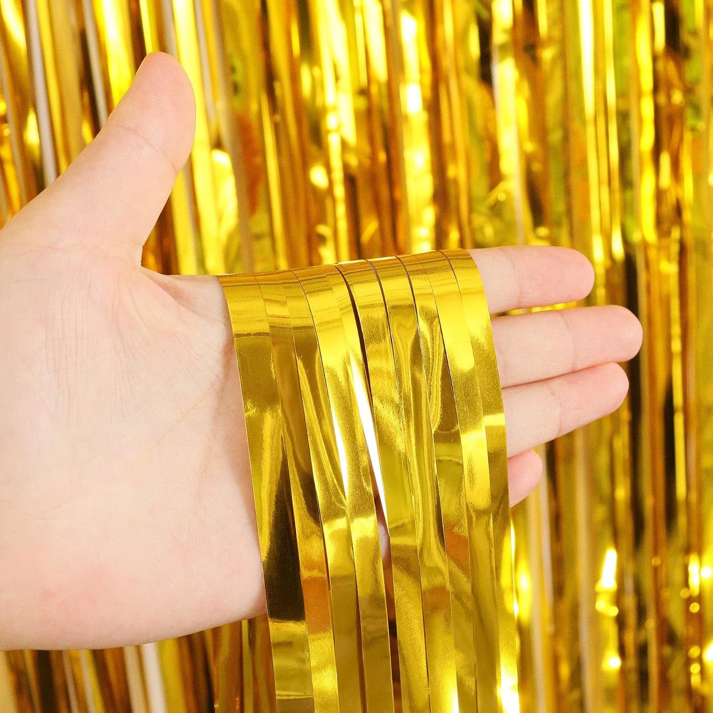 2 Pack Gold Fringe Curtains Foil Shiny Fringe Backdrop Tinsel Door Streamers Foil Curtains for Birthday Wedding Engagement Bridal Shower Celebration Party Decorations Large